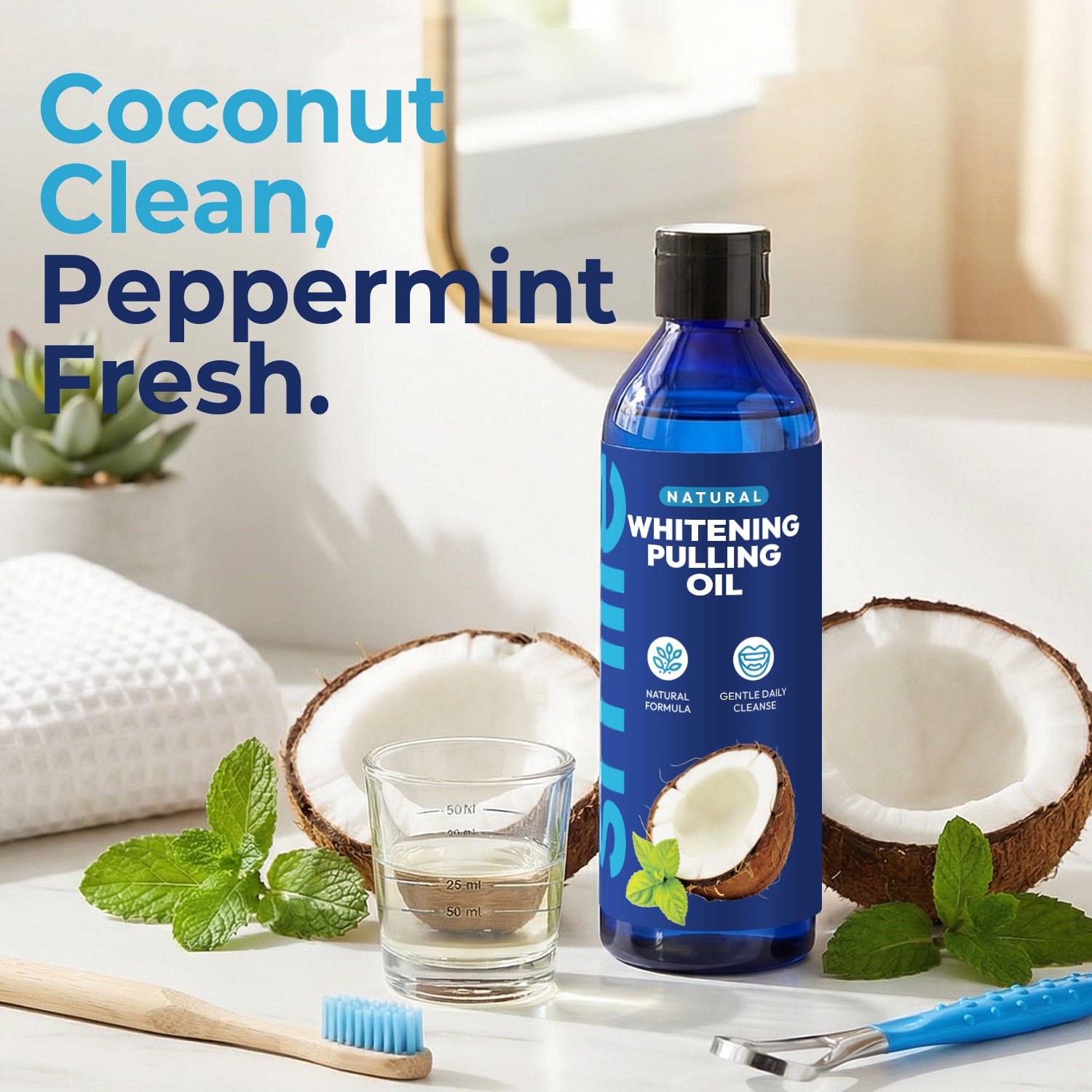 Fresh Breath Alcohol-Free Natural Formula Teeth Whitening Coconut Oil Pulling Mouthwash with Toothbrush and Tongue Scraper