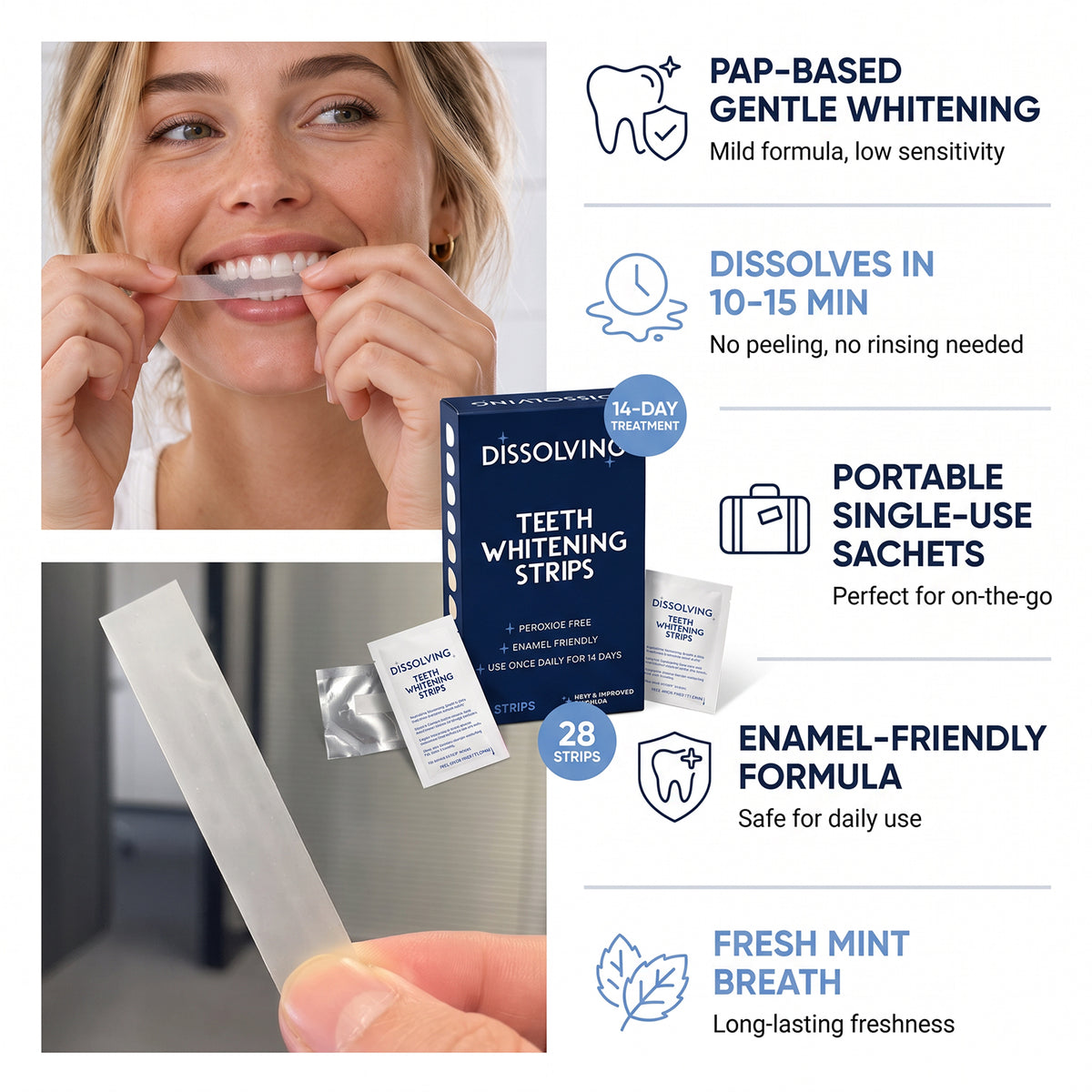 Sensitive Free Teeth Whitening Strips No Remove Needed PAP Dissolving Teeth Whitening Strips