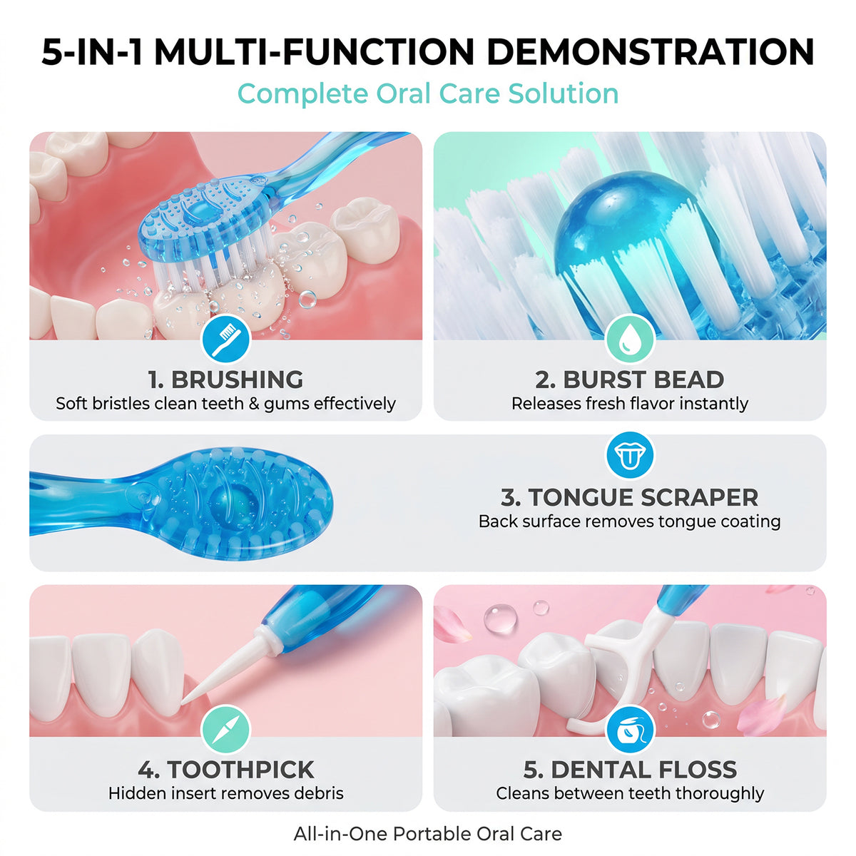 Factory Wholesale No Water Needed Disposable Travel Toothbrush 5-in-1 Burst Bead Toothbrush