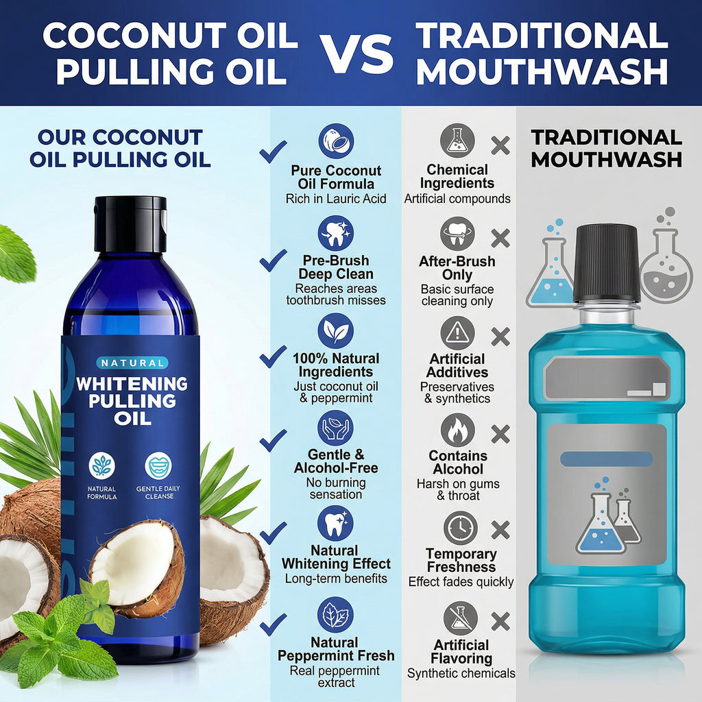 Fresh Breath Alcohol-Free Natural Formula Teeth Whitening Coconut Oil Pulling Mouthwash with Toothbrush and Tongue Scraper