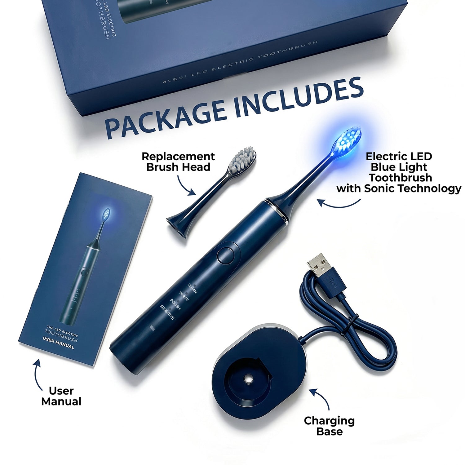 IPX7 Waterproof Automatic Portable Built-in Timer Soft Bristles Blue LED Light Wireless Rechargeable Electric Toothbrush