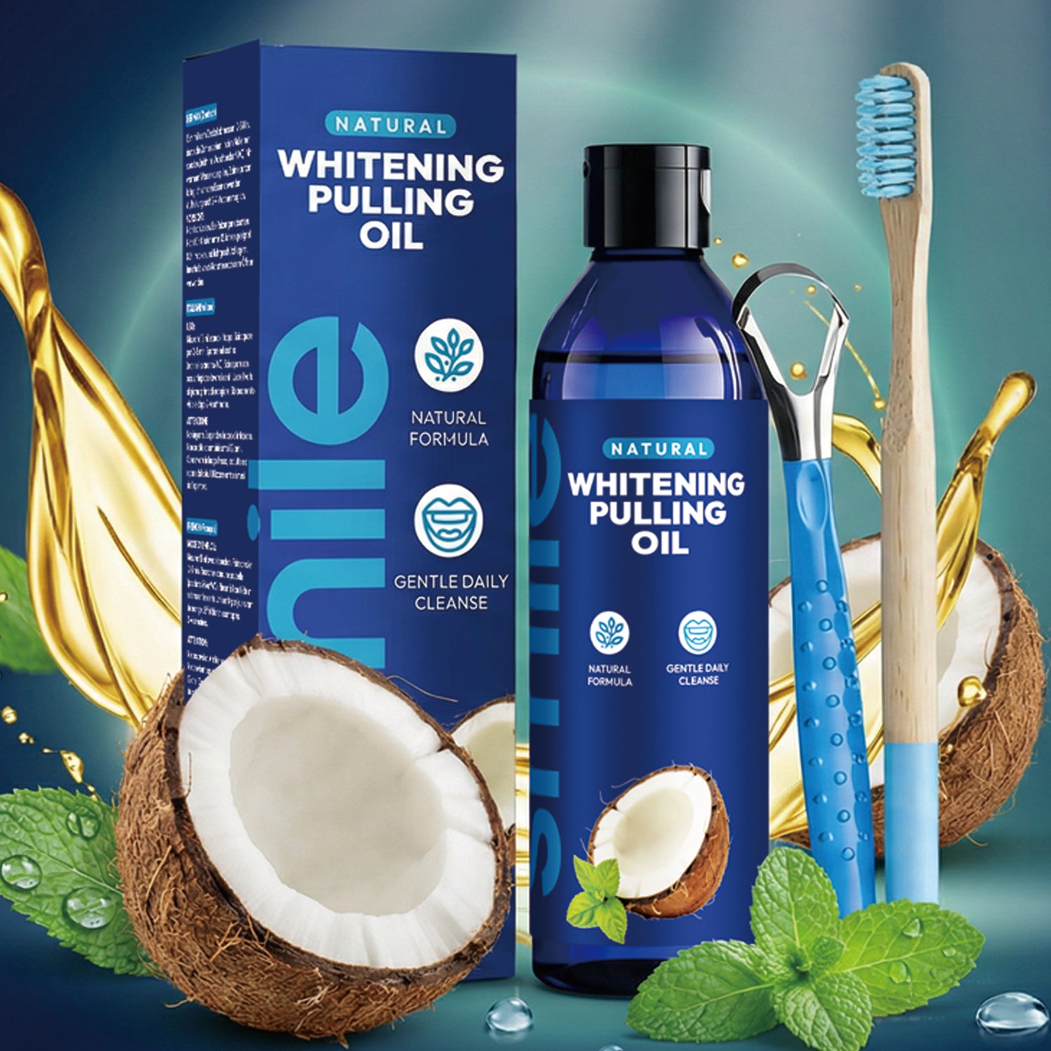 Fresh Breath Alcohol-Free Natural Formula Teeth Whitening Coconut Oil Pulling Mouthwash with Toothbrush and Tongue Scraper