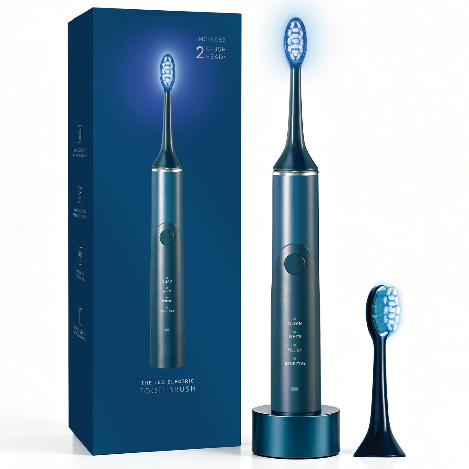 IPX7 Waterproof Automatic Portable Built-in Timer Soft Bristles Blue LED Light Wireless Rechargeable Electric Toothbrush