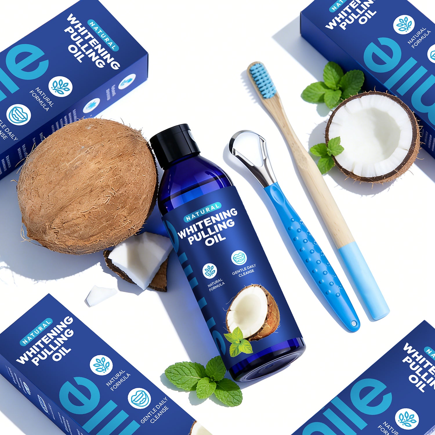 Fresh Breath Alcohol-Free Natural Formula Teeth Whitening Coconut Oil Pulling Mouthwash with Toothbrush and Tongue Scraper