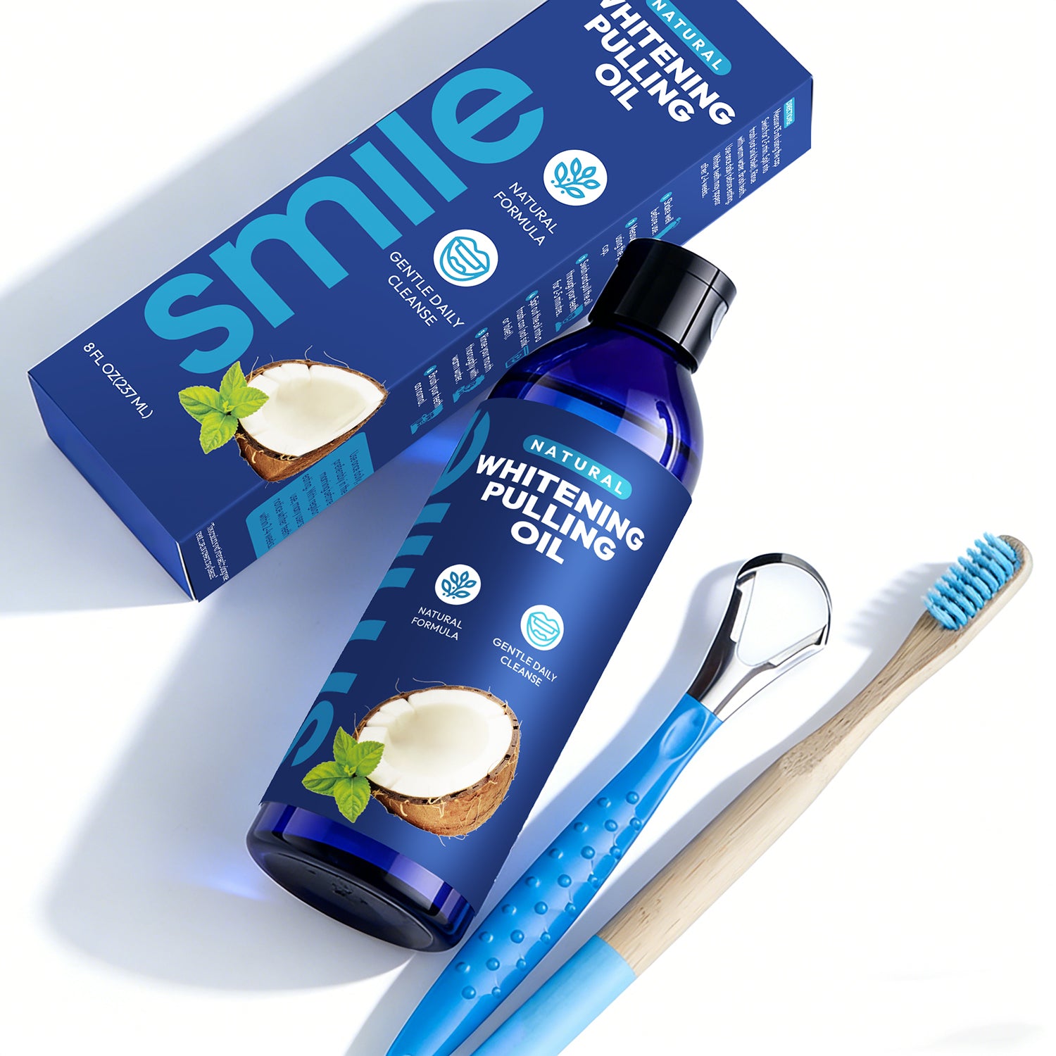 Fresh Breath Alcohol-Free Natural Formula Teeth Whitening Coconut Oil Pulling Mouthwash with Toothbrush and Tongue Scraper